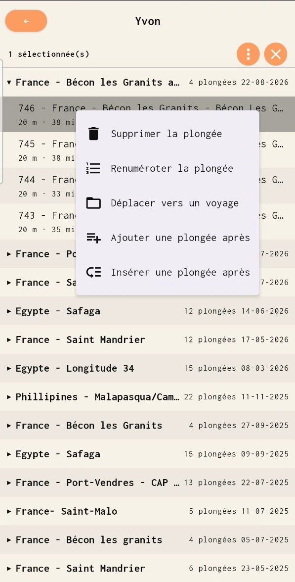 Appui long sur une plongée du carnet