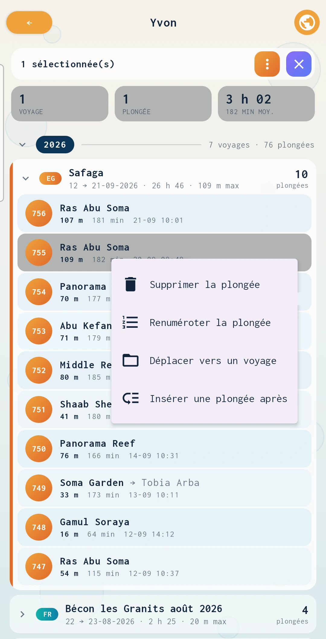Appui long sur une plongée du carnet