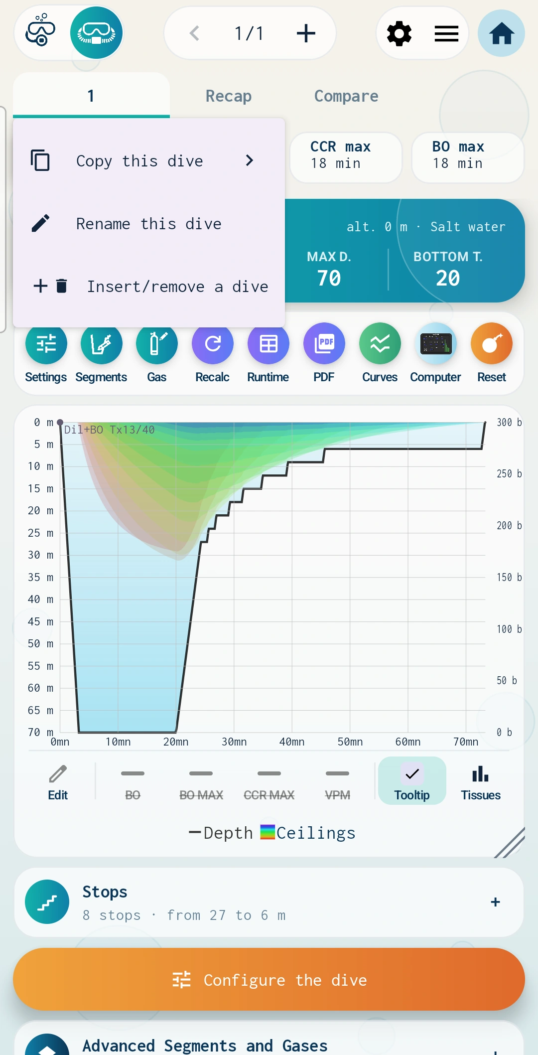 Long press on a dive tab