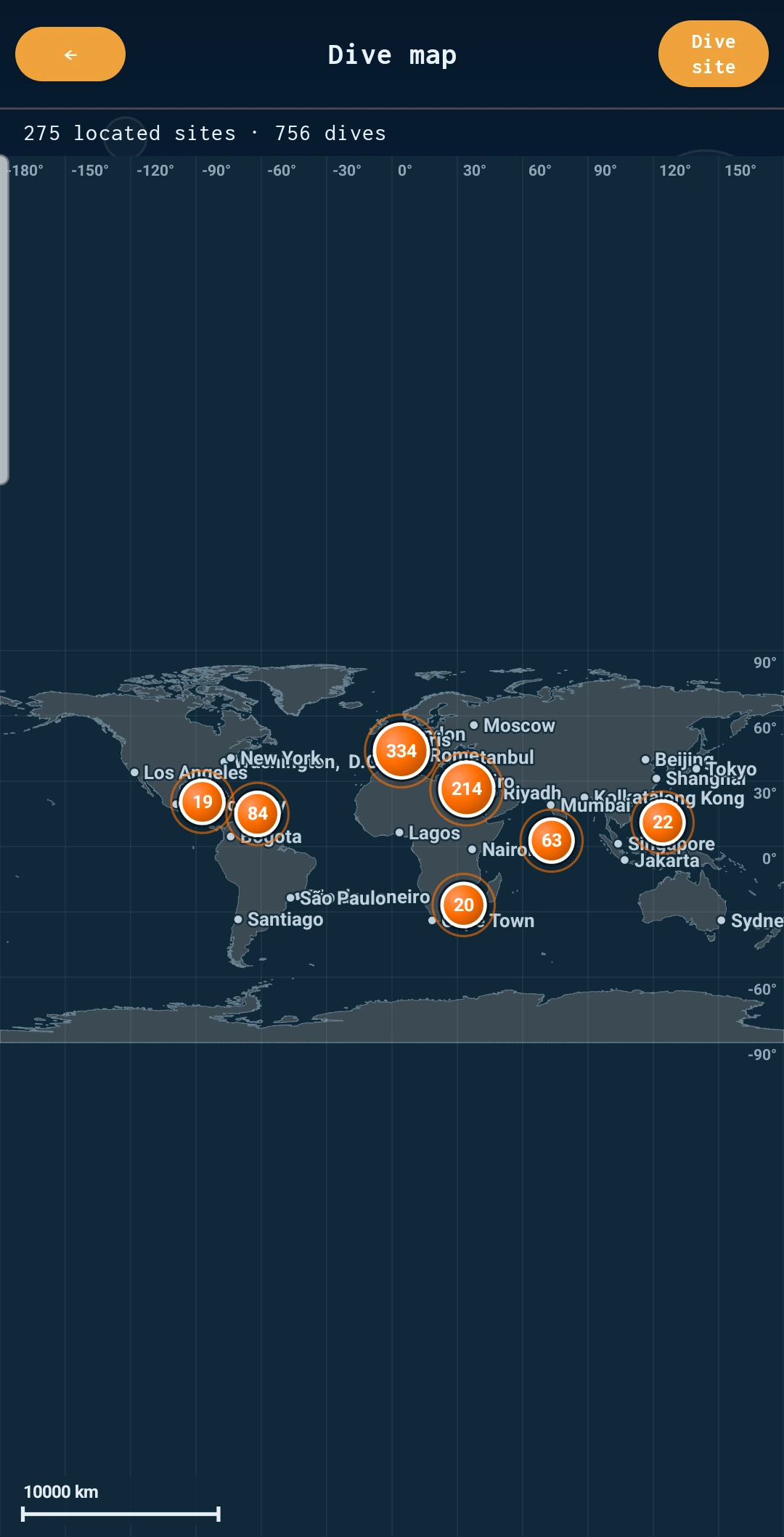 World map of your dive sites